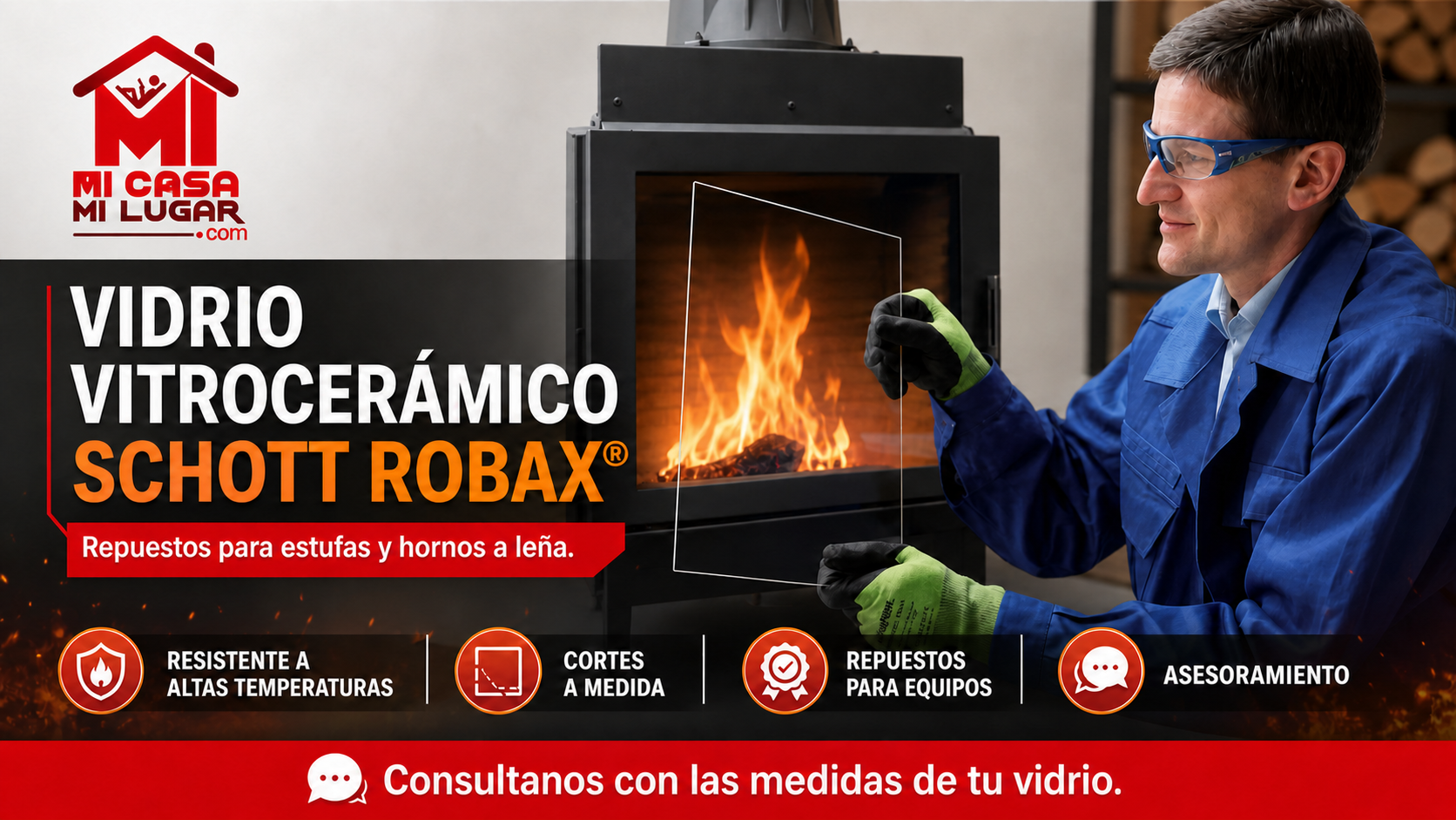 Vidrio vitrocerámico SCHOTT ROBAX para repuestos de estufas y hornos a leña, fabricado a medida